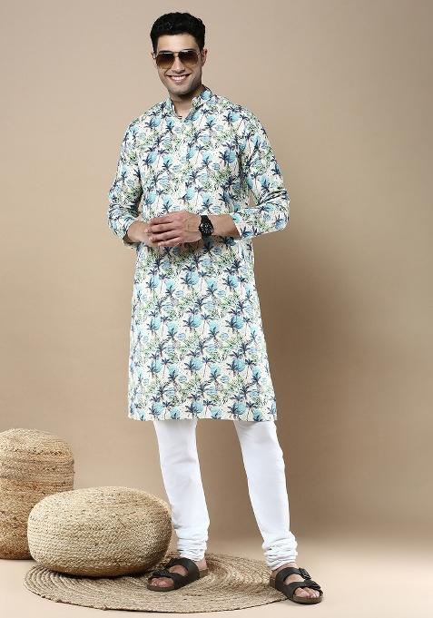 Blue Printed Linen Cotton Kurta For Men