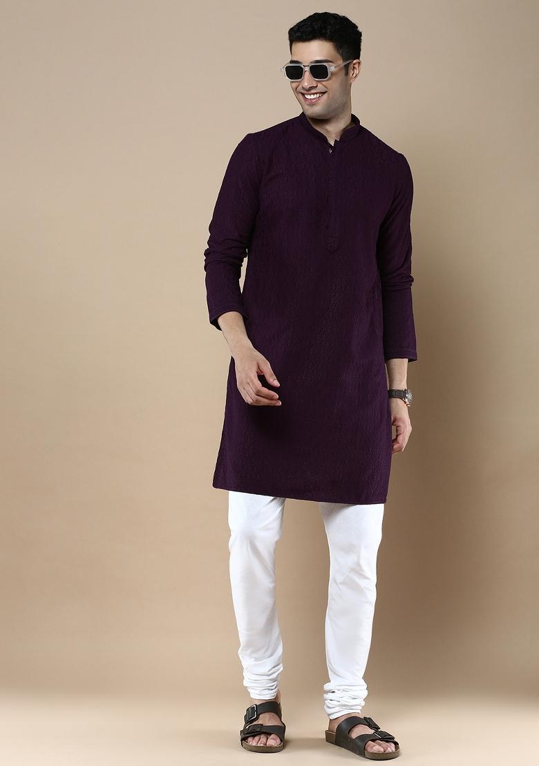 Purple Solid Cotton Kurta For Men