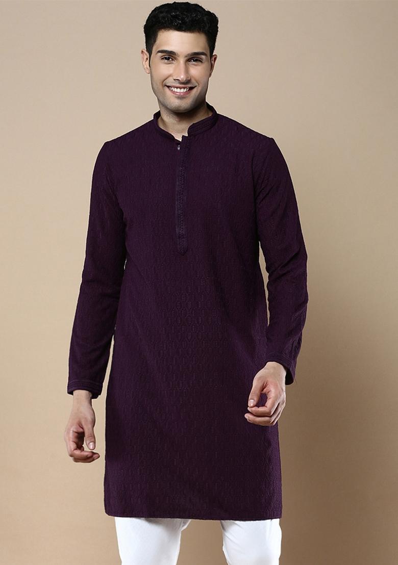 Purple Solid Cotton Kurta For Men
