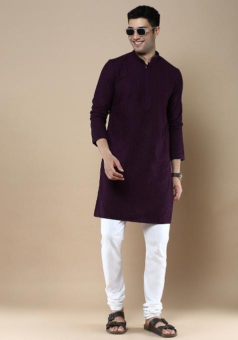 Purple Solid Cotton Kurta For Men