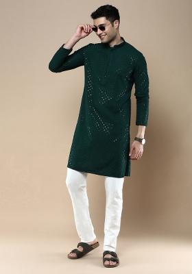 Green Sequin Embroidered Cotton Kurta For Men