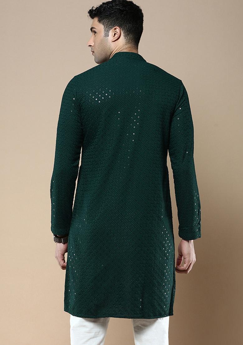 Green Sequin Embroidered Cotton Kurta For Men