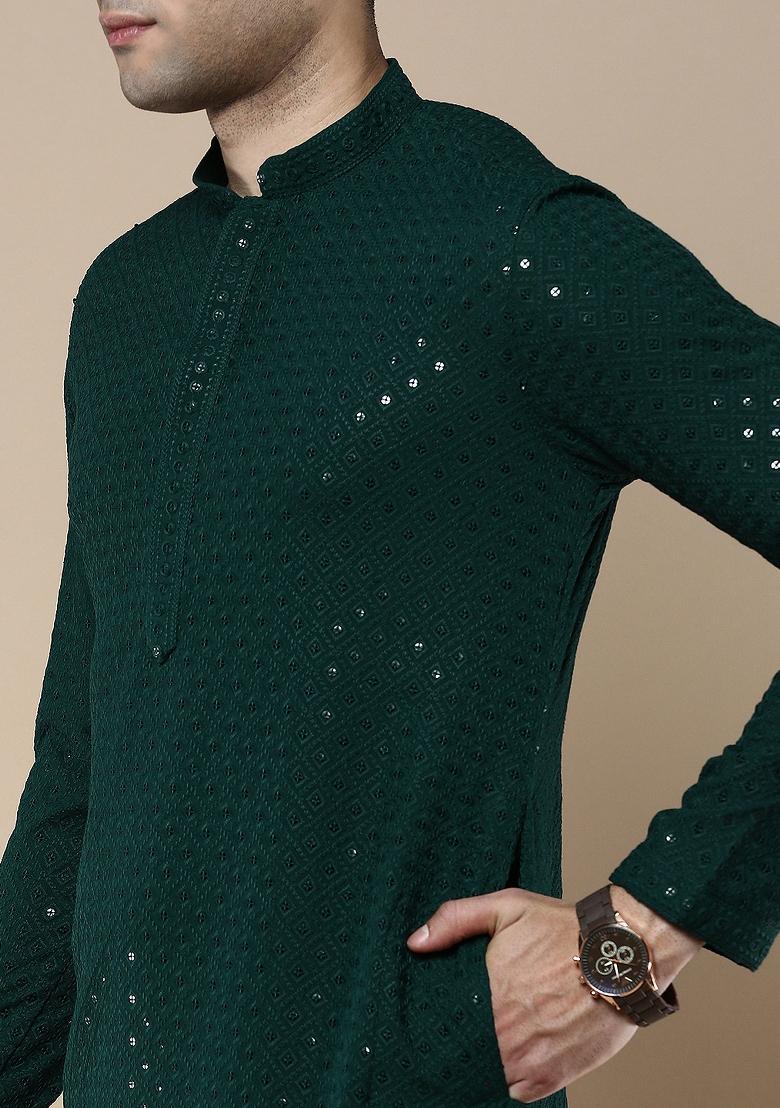 Green Sequin Embroidered Cotton Kurta For Men