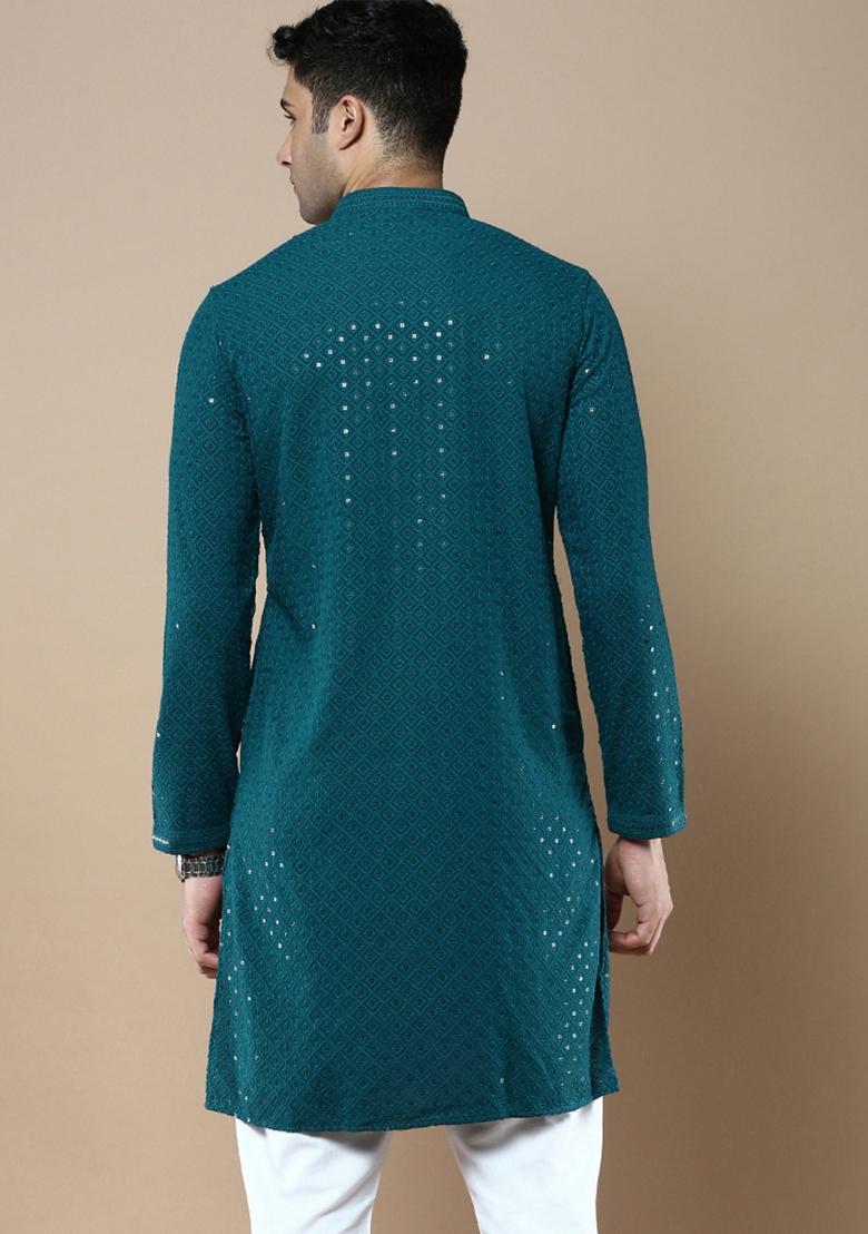 Green Sequin Embroidered Cotton Kurta For Men