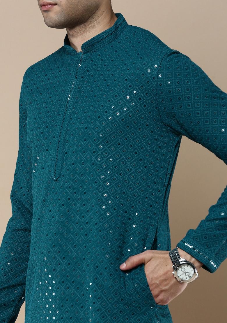 Green Sequin Embroidered Cotton Kurta For Men