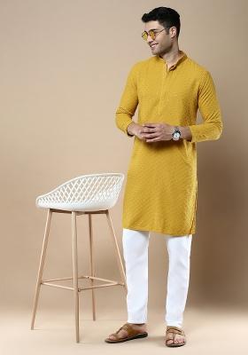 Yellow Sequin Embroidered Cotton Kurta For Men