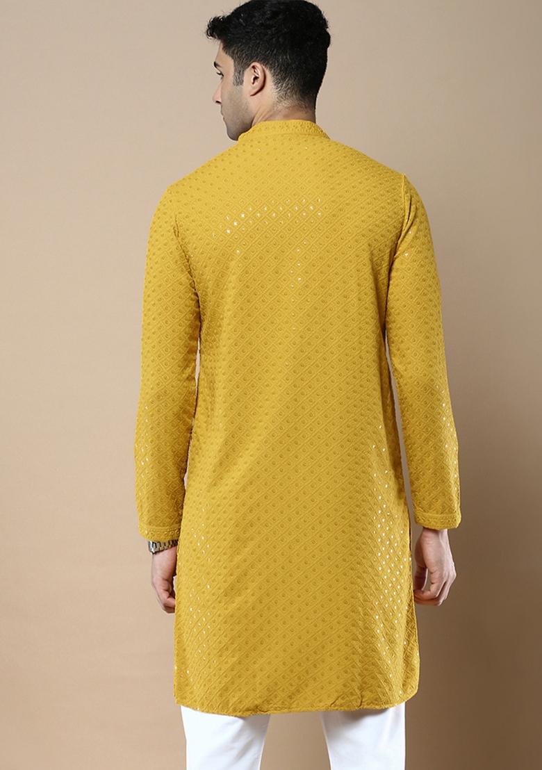 Yellow Sequin Embroidered Cotton Kurta For Men