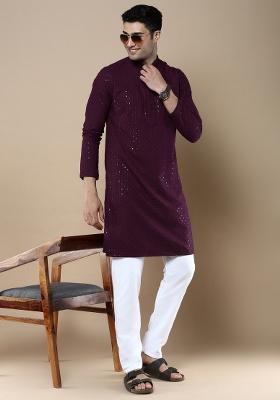 Purple Sequin Embroidered Cotton Kurta For Men