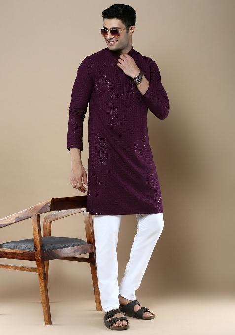 Purple Sequin Embroidered Cotton Kurta For Men