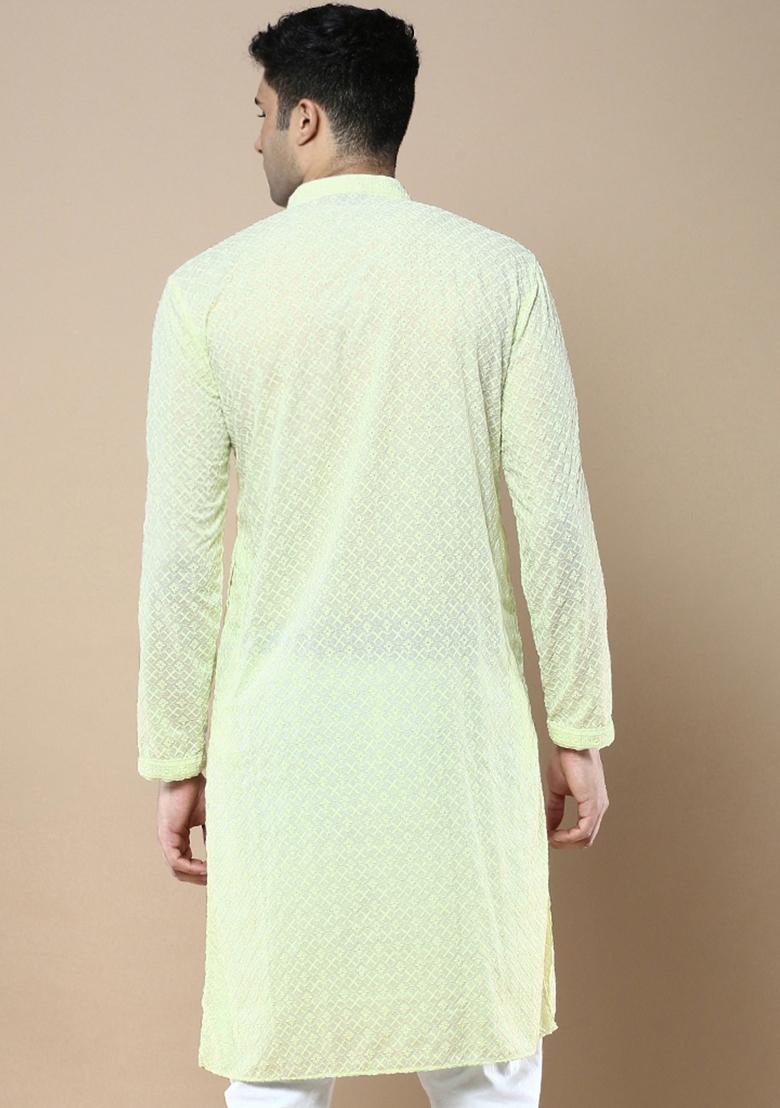Green Solid Cotton Kurta For Men