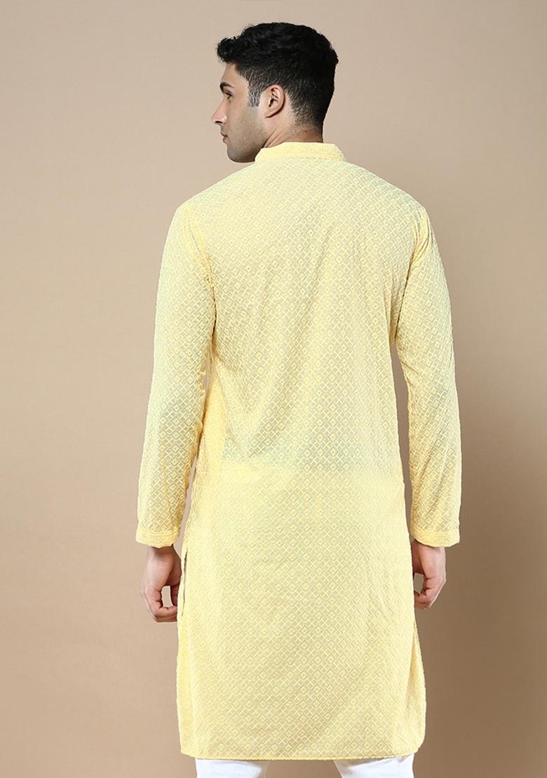 Yellow Solid Cotton Kurta For Men