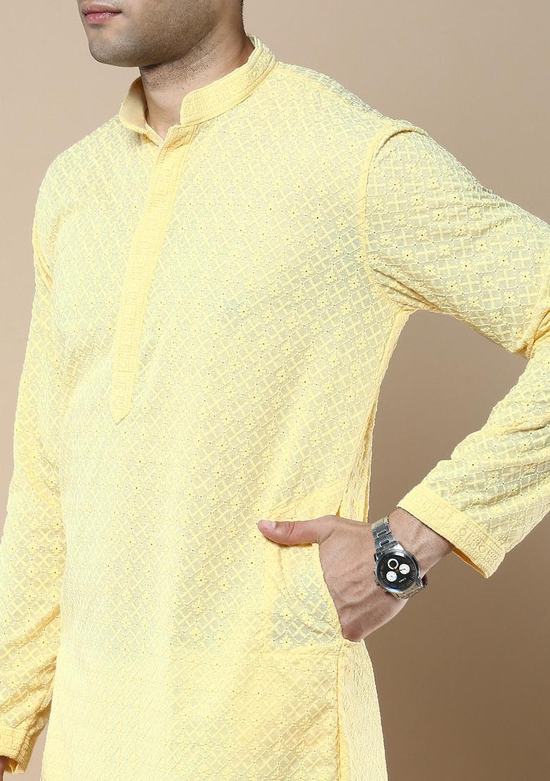 Yellow Solid Cotton Kurta For Men