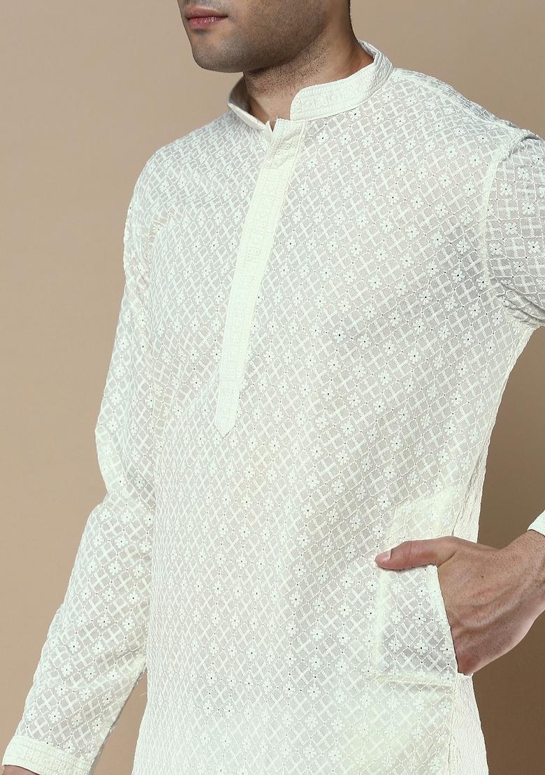Off White Solid Cotton Kurta For Men
