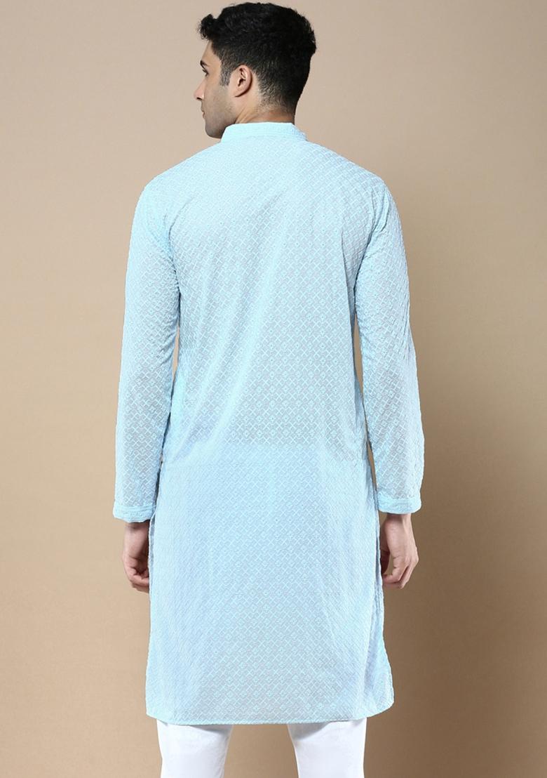 Blue Solid Cotton Kurta For Men