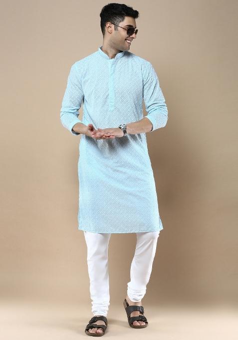 Blue Solid Cotton Kurta For Men
