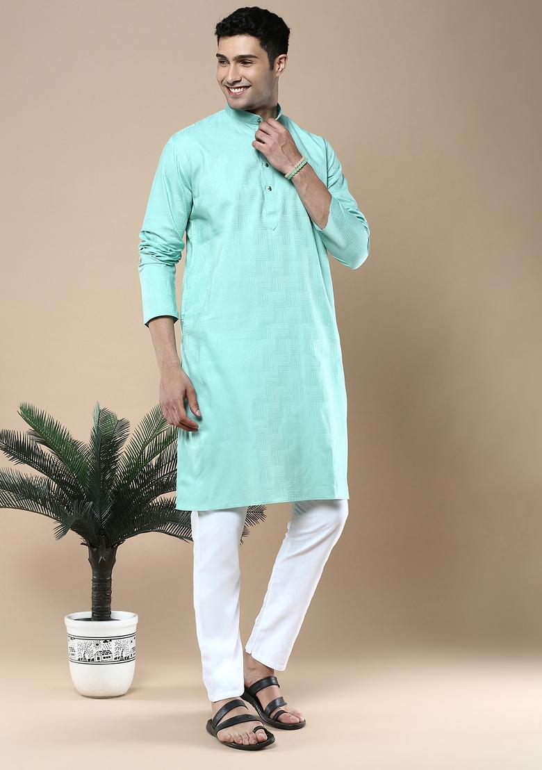 Green Woven Cotton Blend Kurta For Men
