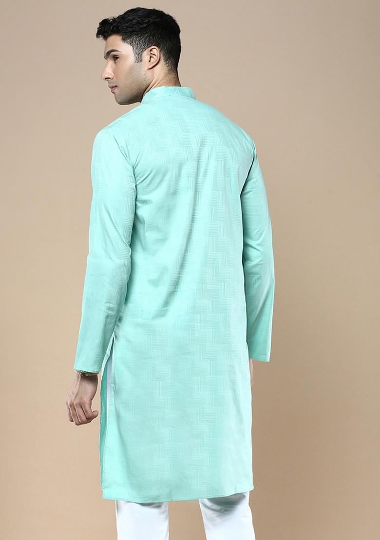 Green Woven Cotton Blend Kurta For Men