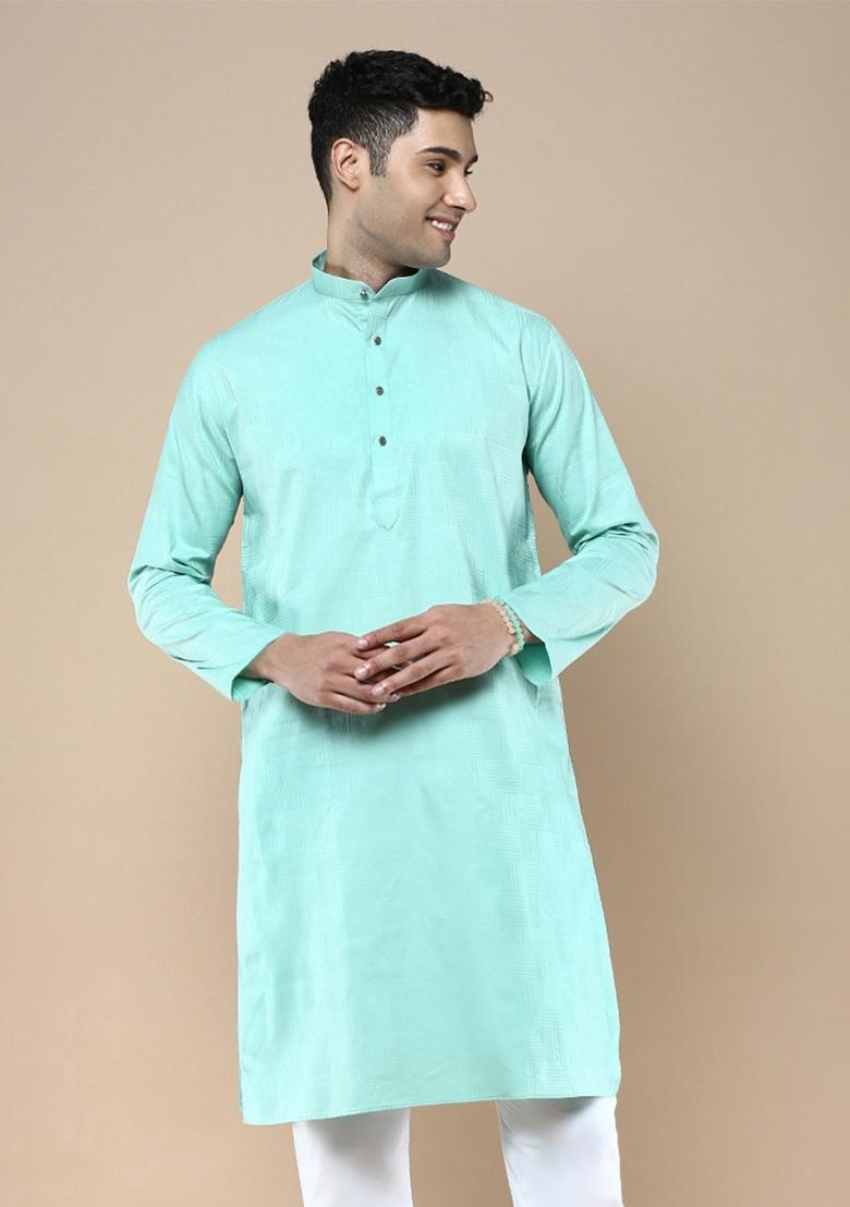 Green Woven Cotton Blend Kurta For Men
