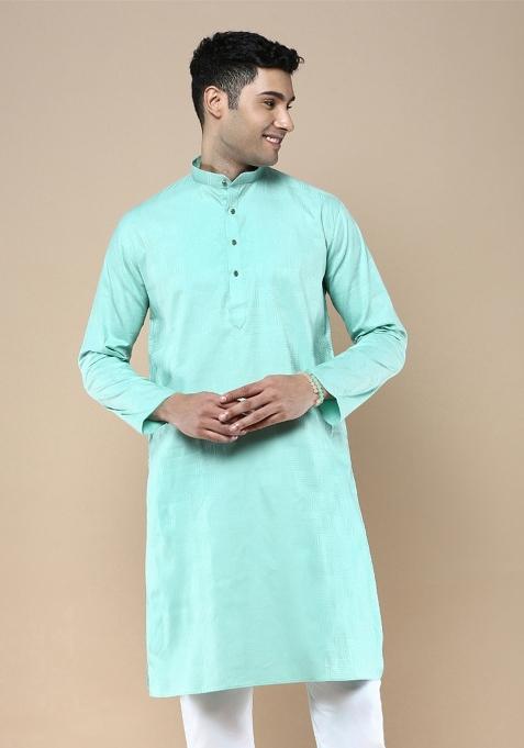 Green Woven Cotton Blend Kurta For Men