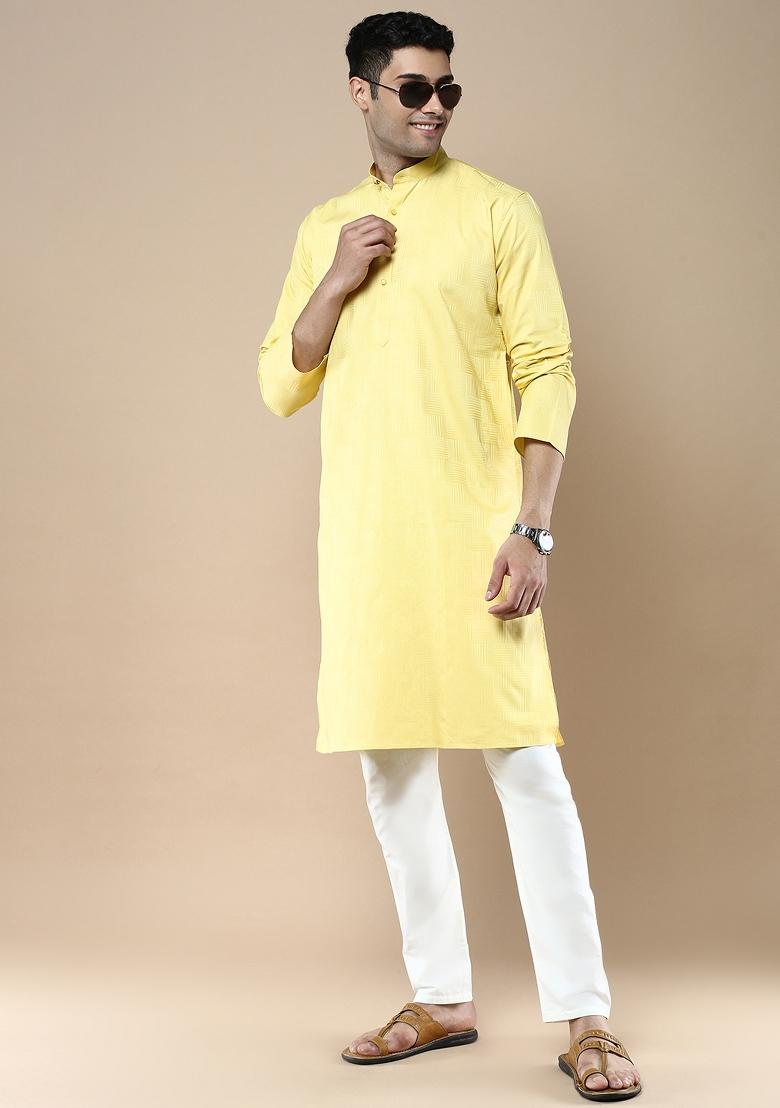 Yellow Woven Cotton Blend Kurta For Men