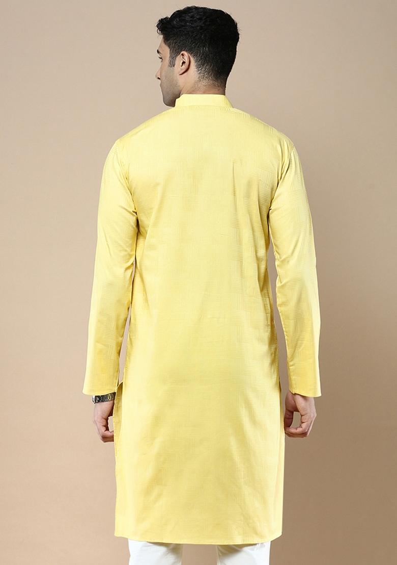 Yellow Woven Cotton Blend Kurta For Men