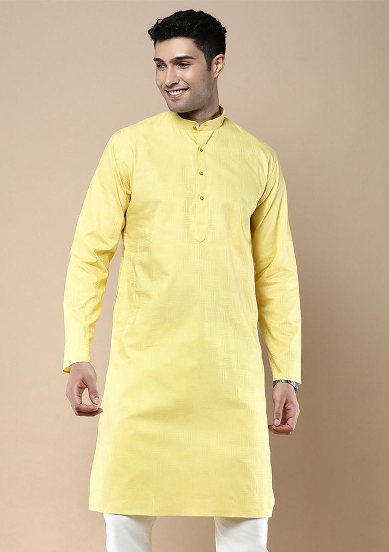 Yellow Woven Cotton Blend Kurta For Men