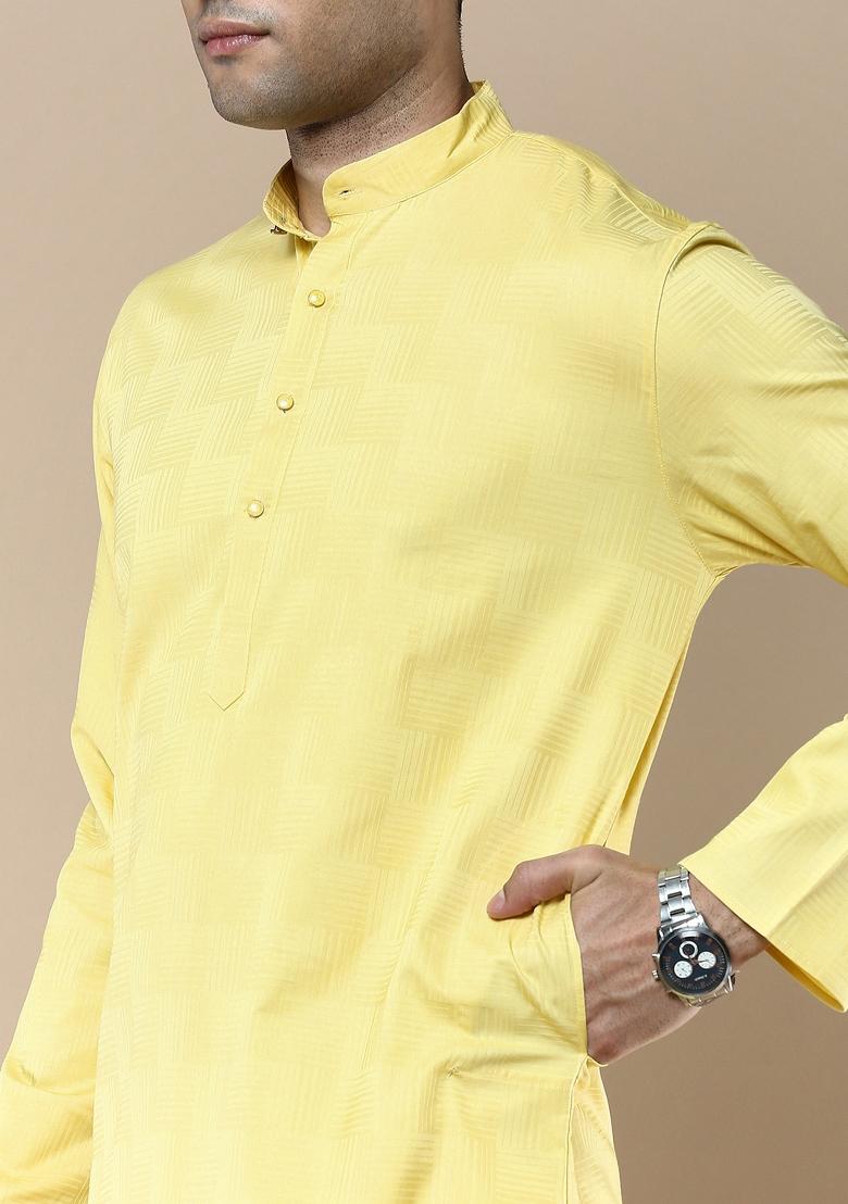 Yellow Woven Cotton Blend Kurta For Men