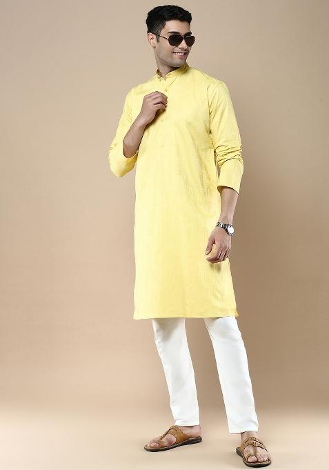 Yellow Woven Cotton Blend Kurta For Men