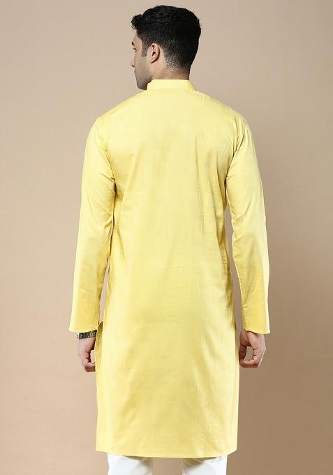 Yellow Woven Cotton Blend Kurta For Men