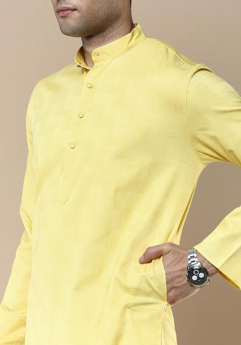 Yellow Woven Cotton Blend Kurta For Men