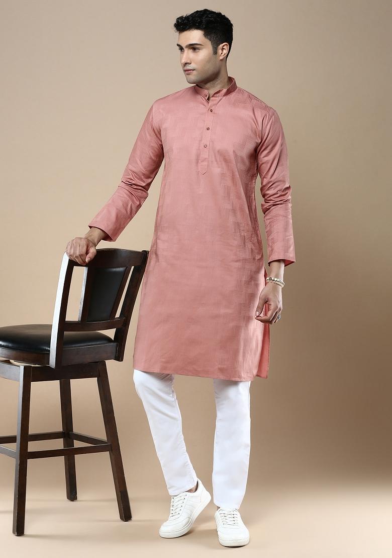 Red Woven Cotton Blend Kurta For Men