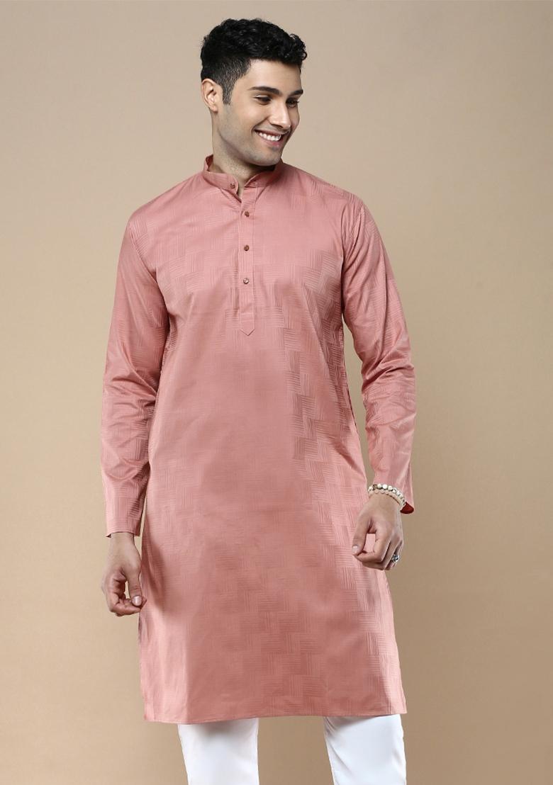 Red Woven Cotton Blend Kurta For Men