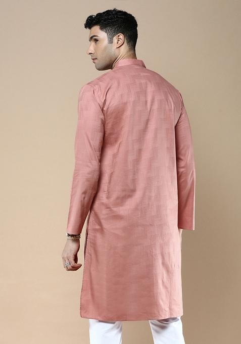 Red Woven Cotton Blend Kurta For Men