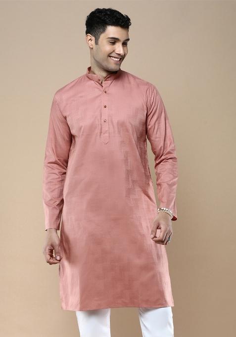 Red Woven Cotton Blend Kurta For Men