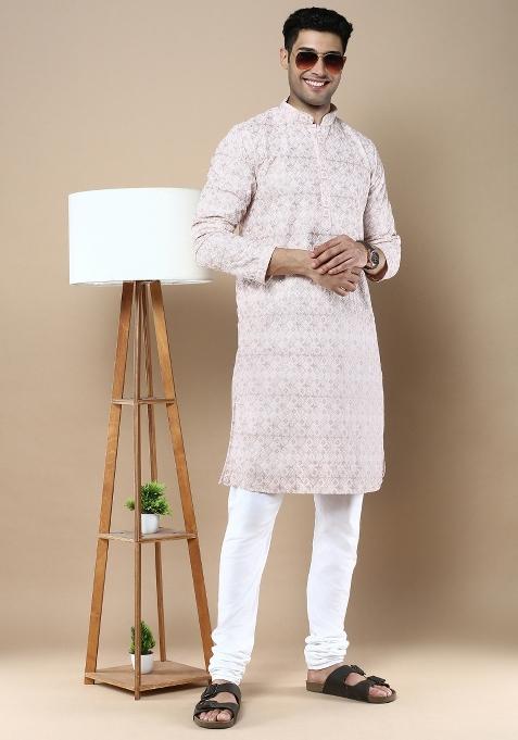Pink Solid Cotton Kurta For Men