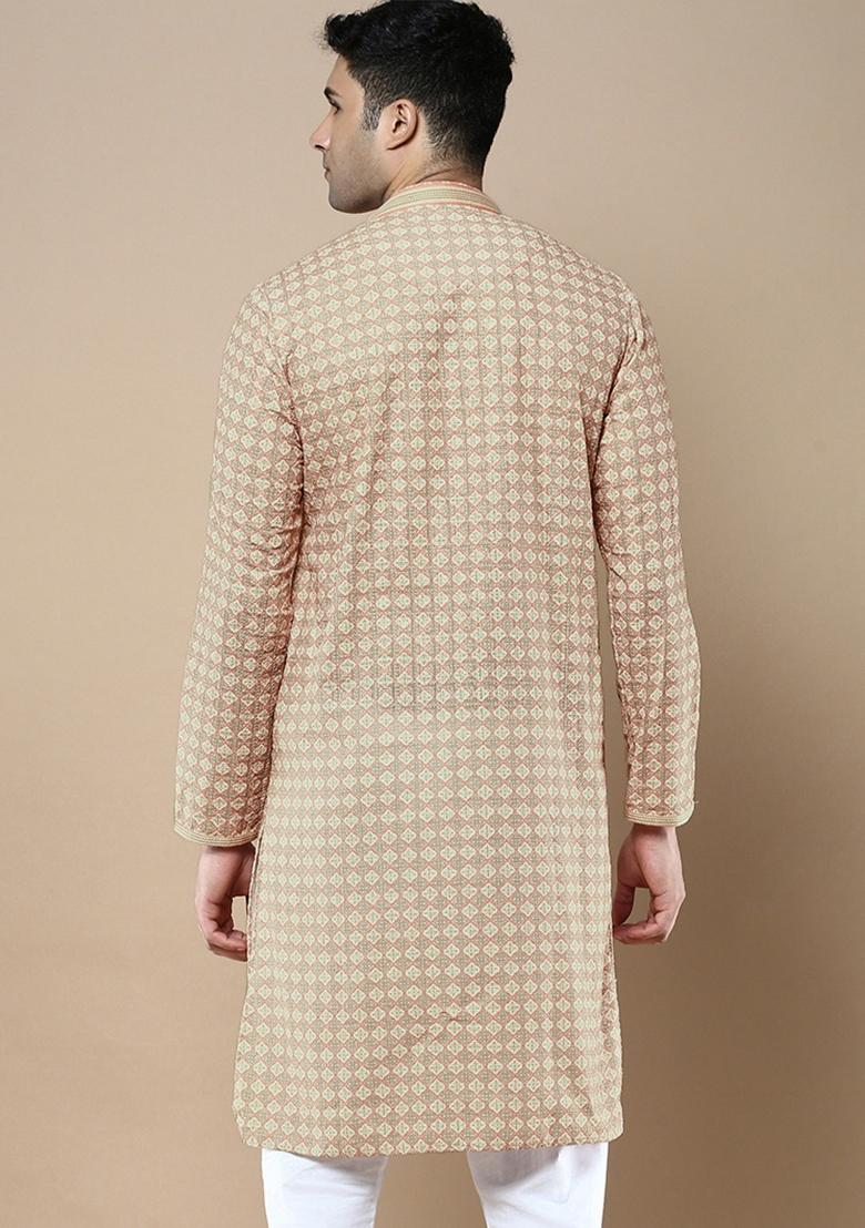 Beige Printed Cotton Kurta For Men