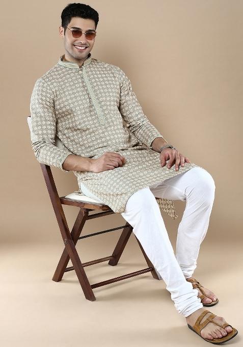 Brown Printed Cotton Kurta For Men