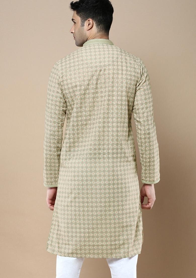Green Printed Cotton Kurta For Men