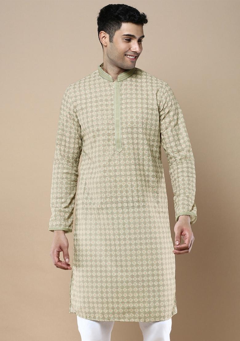 Green Printed Cotton Kurta For Men