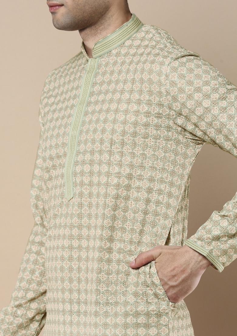 Green Printed Cotton Kurta For Men
