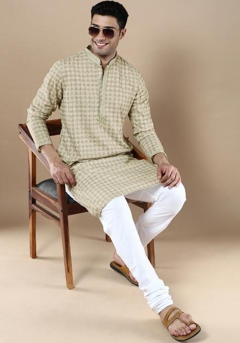 Green Printed Cotton Kurta For Men