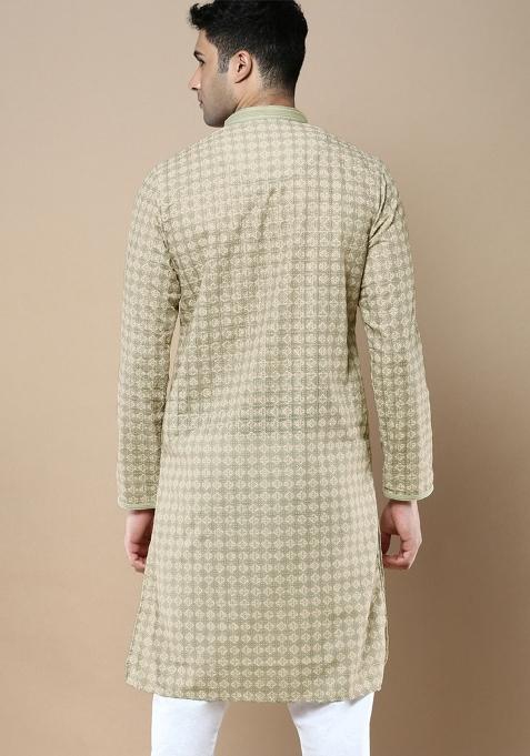 Green Printed Cotton Kurta For Men