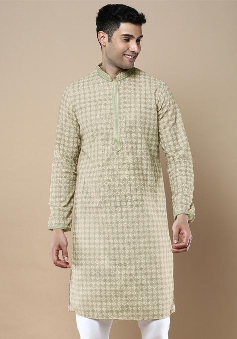 Green Printed Cotton Kurta For Men