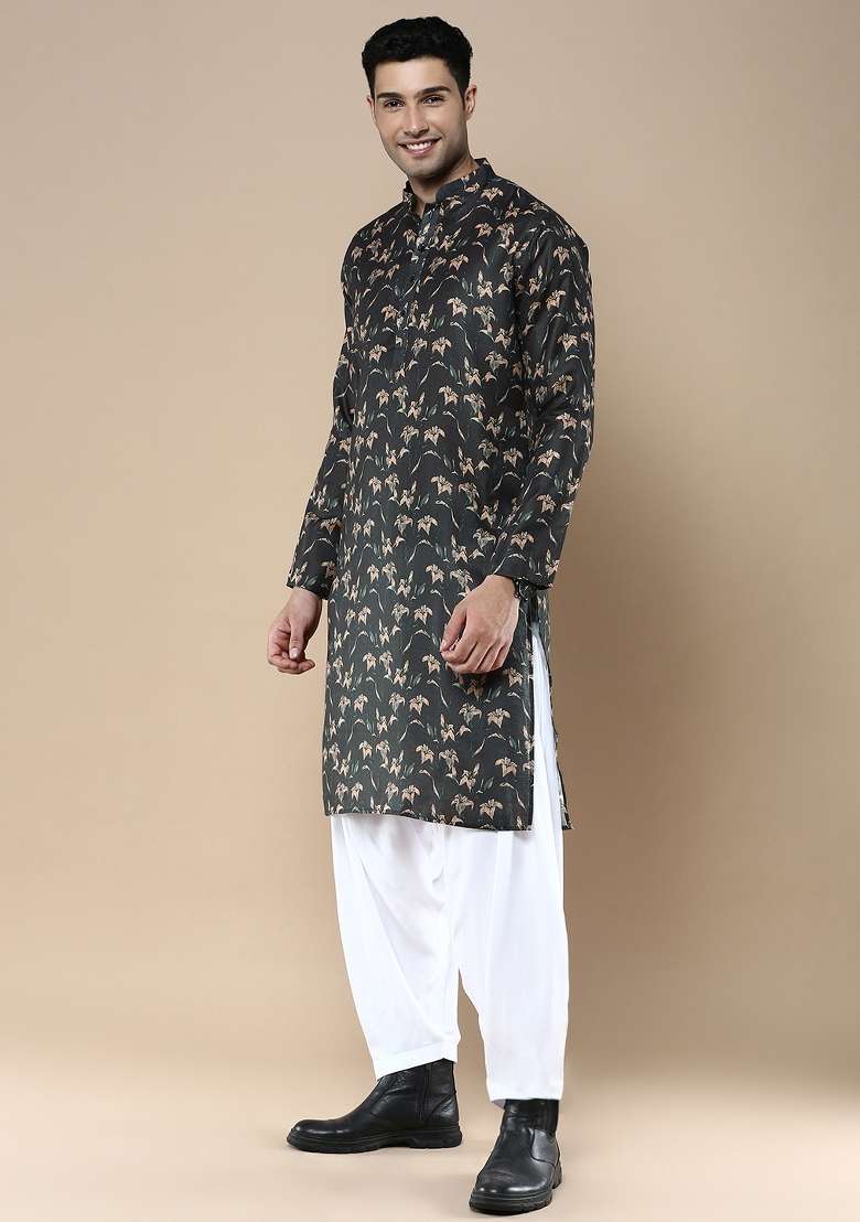 Brown Printed Linen Cotton Kurta Sets For Men - Indya