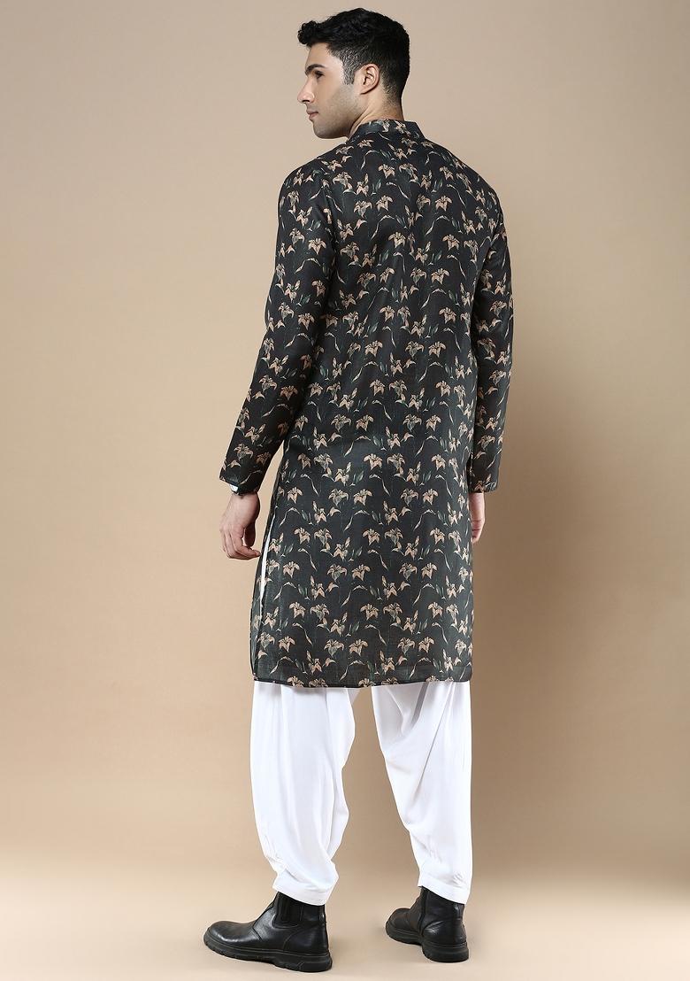 Brown Printed Linen Cotton Kurta Sets For Men