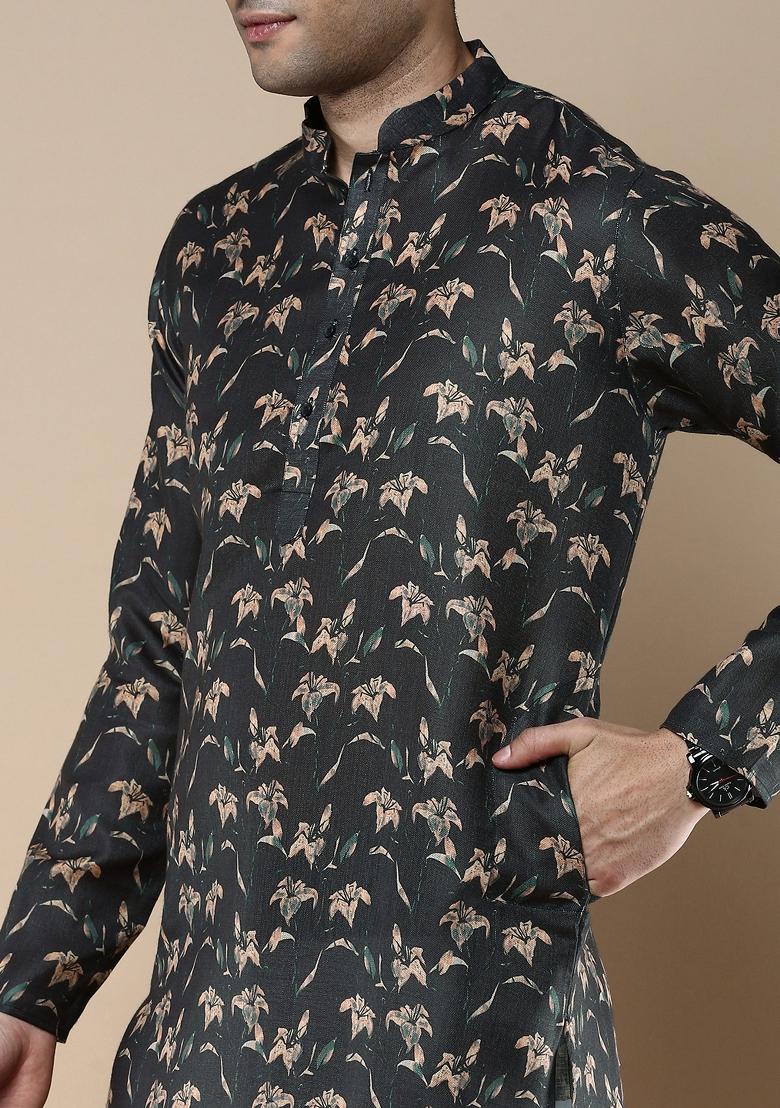 Brown Printed Linen Cotton Kurta Sets For Men