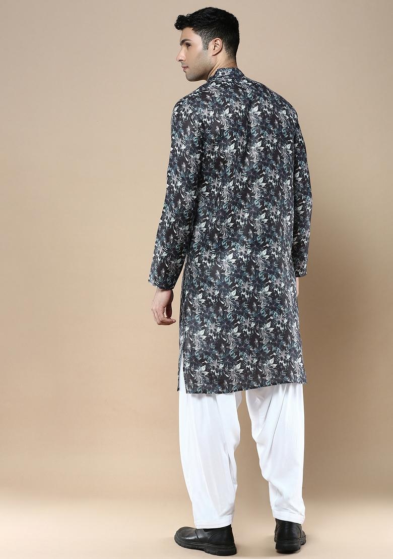 Black Printed Linen Cotton Kurta Sets For Men