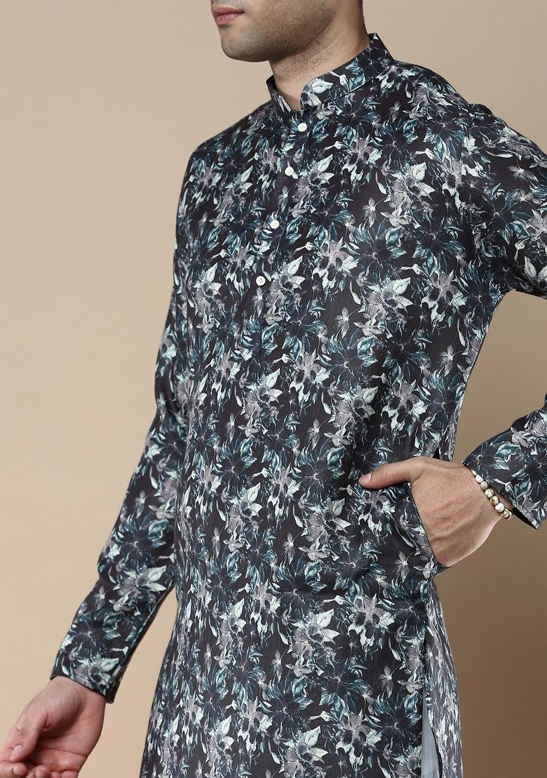 Black Printed Linen Cotton Kurta Sets For Men