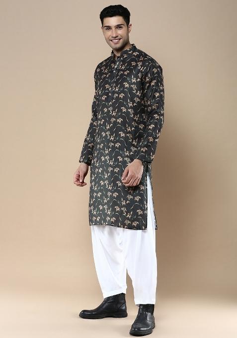Black Printed Linen Cotton Kurta Sets For Men