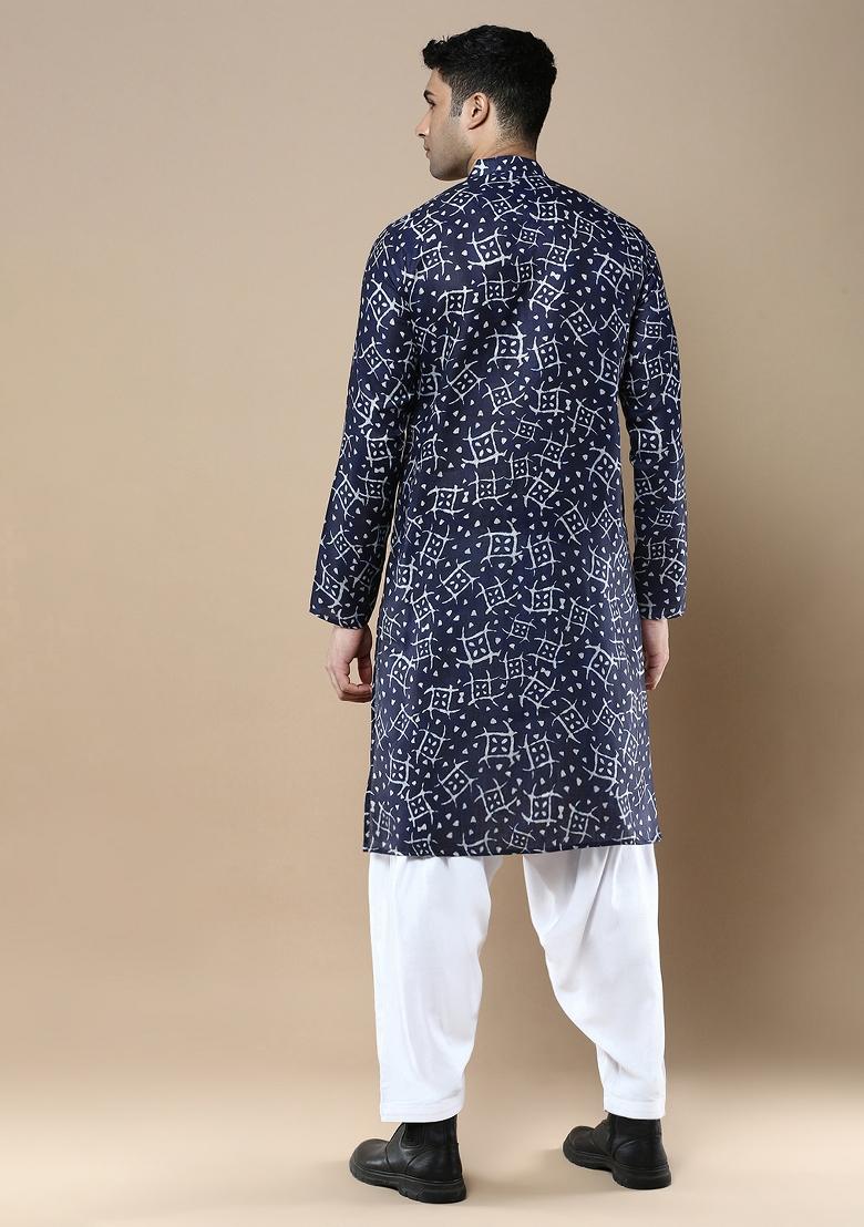 Blue Printed Linen Cotton Kurta Sets For Men